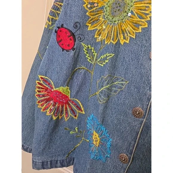 Vtg 90s Tantrums Ladybug Sunflower‎ Denim Shacket Embroidered Beads Sequins Sz M - Picture 3 of 16